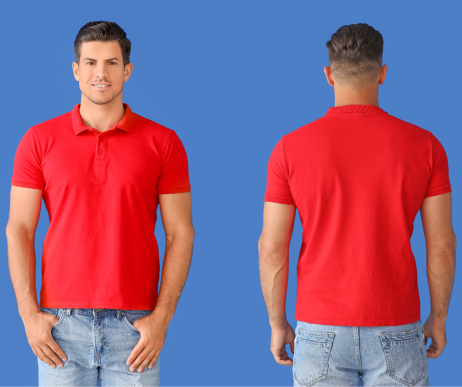 A group of co-workers wearing red shirts and blue jeans, following the dress code
