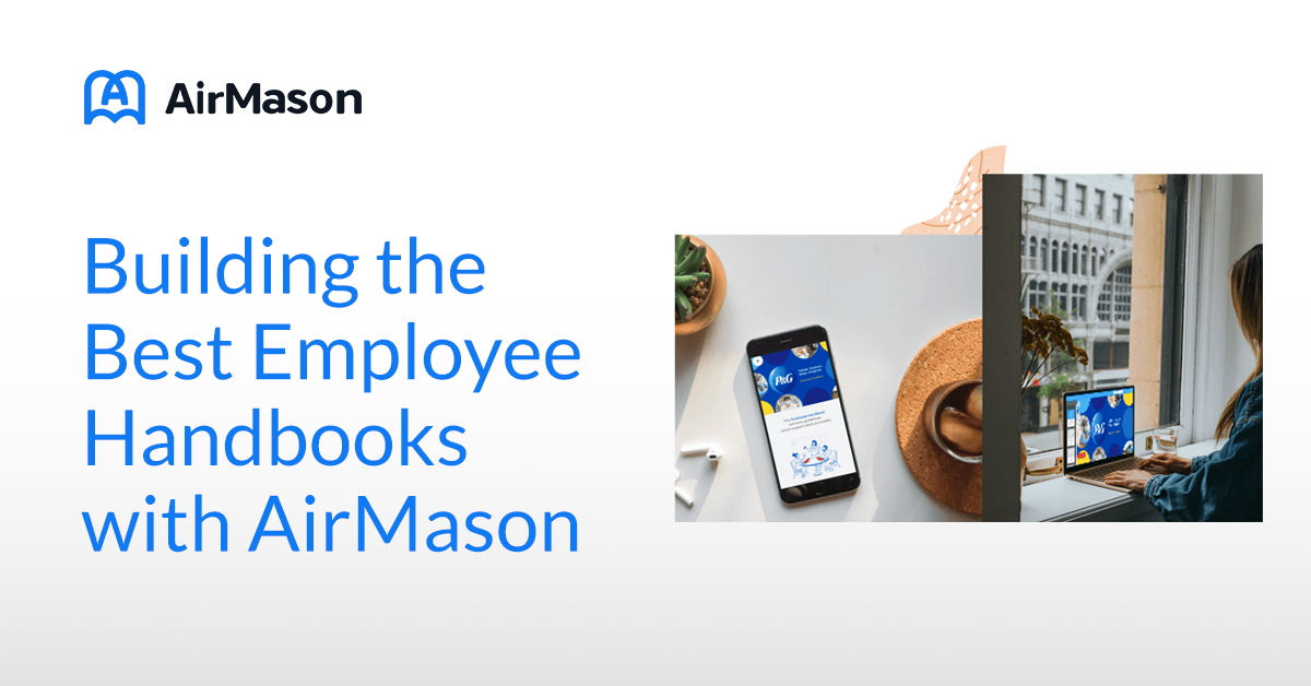 Image of AirMason handbooks with the text "Building the Best Employee Handbooks with AirMason"