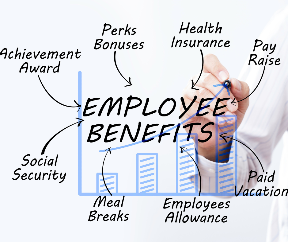 An illustration of a benefits package with healthcare, career development, and amenities. Fox employee handbook example.