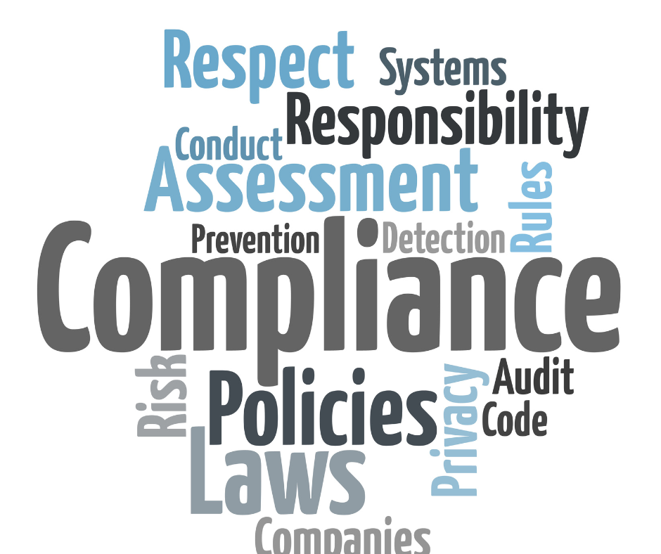 Illustration of legal documents and scales representing compliance with state and federal laws